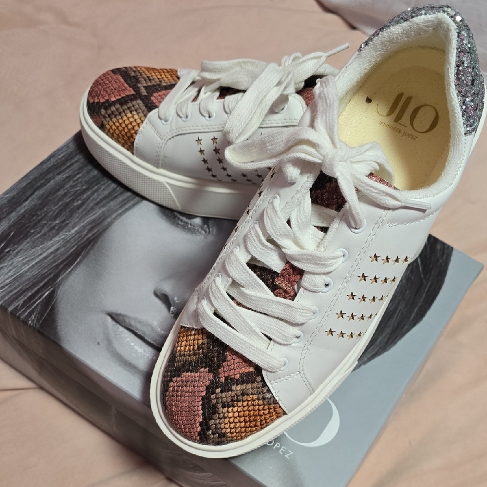 Jennifer Lopez White and Pink Patterned Sneakers
